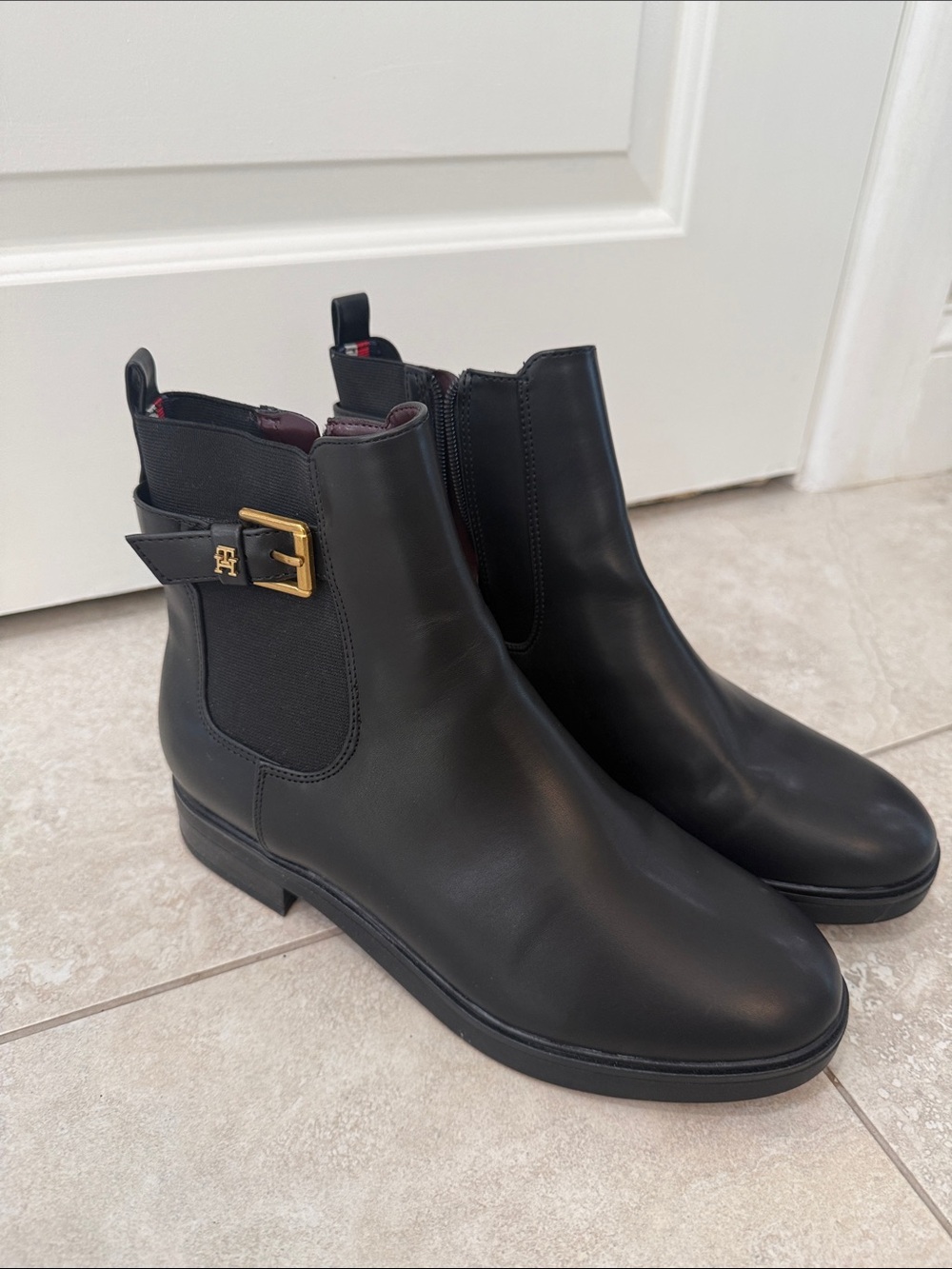 Tommy Hilfiger Black Leather Ankle Boots with Gold Buckle